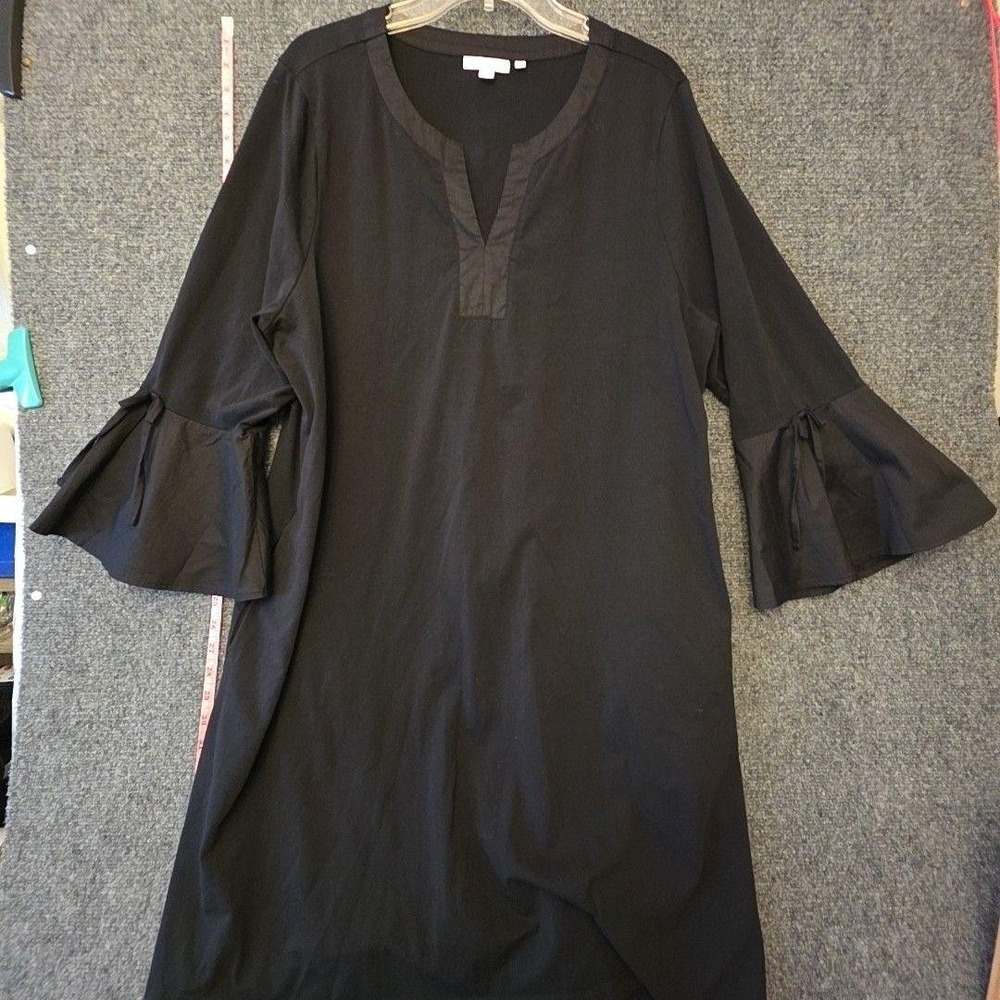 Chico's Dress Womens 20 Black V Neck 3/4 Bell Sleeve Ruffle Shift Knit Stretch